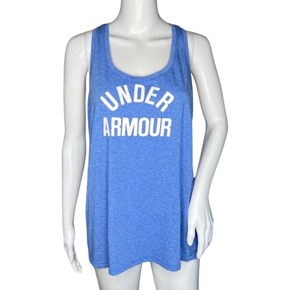 Under Armour Shirt Womens Medium Blue White Threadborne Tank Workout Athleisure